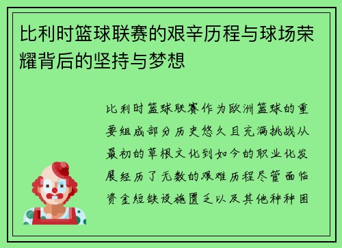 比利时篮球联赛的艰辛历程与球场荣耀背后的坚持与梦想