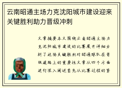 云南昭通主场力克沈阳城市建设迎来关键胜利助力晋级冲刺