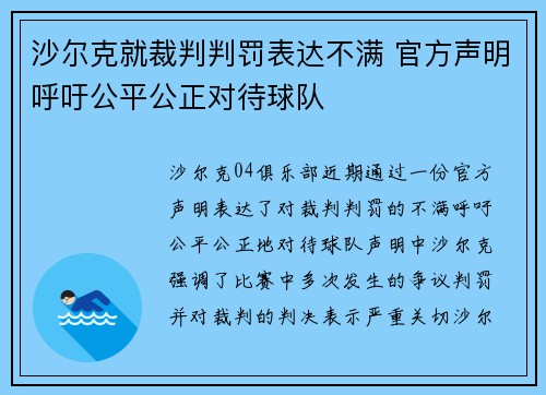 沙尔克就裁判判罚表达不满 官方声明呼吁公平公正对待球队
