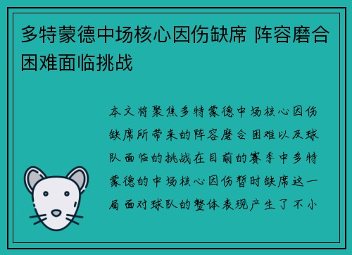 多特蒙德中场核心因伤缺席 阵容磨合困难面临挑战
