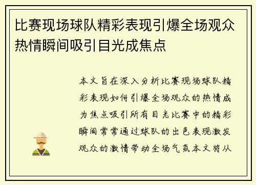 比赛现场球队精彩表现引爆全场观众热情瞬间吸引目光成焦点