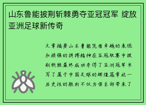 山东鲁能披荆斩棘勇夺亚冠冠军 绽放亚洲足球新传奇