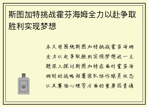 斯图加特挑战霍芬海姆全力以赴争取胜利实现梦想