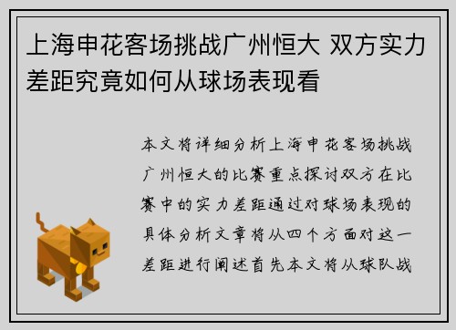 上海申花客场挑战广州恒大 双方实力差距究竟如何从球场表现看