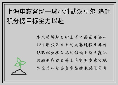 上海申鑫客场一球小胜武汉卓尔 追赶积分榜目标全力以赴